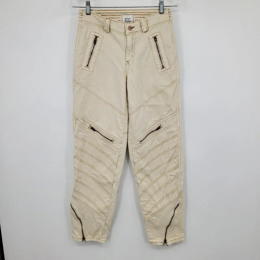 BDG Low Rise Cream Tapered Moto‎ Zipper Jeans Size 26